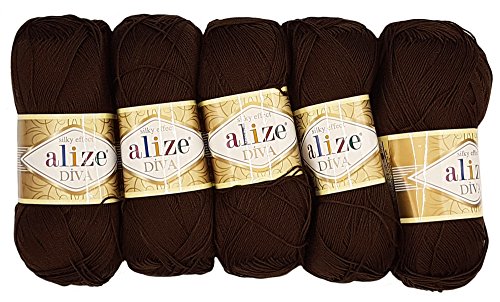 5 x 100 Gramm Wolle Diva Batik einfarbig, 500 Gramm merzerisierte Strickwolle microfiber-Acryl (dunkelbraun 26) von ORTCI