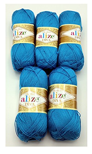 5 x 100 Gramm Wolle Diva Batik einfarbig, 500 Gramm merzerisierte Strickwolle microfiber-Acryl (türkis dunkel 245) von Alize