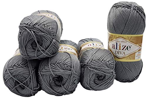 5 x 100 Gramm Wolle Diva einfarbig, 500 Gramm merzerisierte Strickwolle microfiber-Acryl (grau 87) von Alize