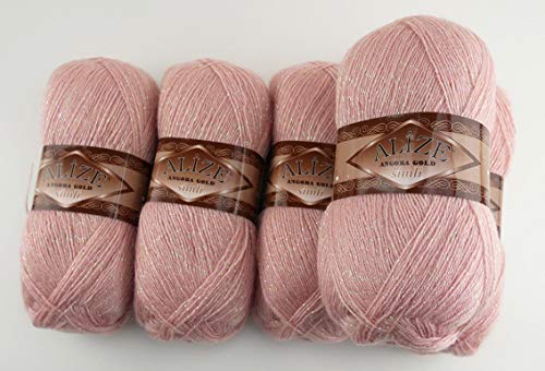 5 x 100 g Alize Glitzerwolle, Angora Gold Simli Effektwolle einfarbig, 500 Gramm Metallic - Wolle mit 20% Woll-Anteil (161) von Alize