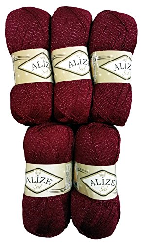 5 x 100 g Alize Glitzerwolle SAL zum Stricken und Häkeln, 500 Gramm Metallic – Wolle (bordeaux rot 57) von Alize