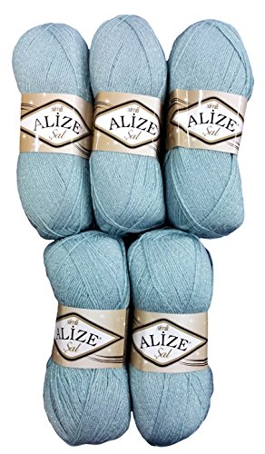 5 x 100 g Alize Glitzerwolle SAL zum Stricken und Häkeln, 500 Gramm Metallic – Wolle (graublau 114) von Alize