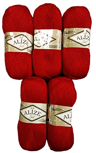 5 x 100 g Alize Glitzerwolle SAL zum Stricken und Häkeln, 500 Gramm Metallic – Wolle (rot 56) von Alize