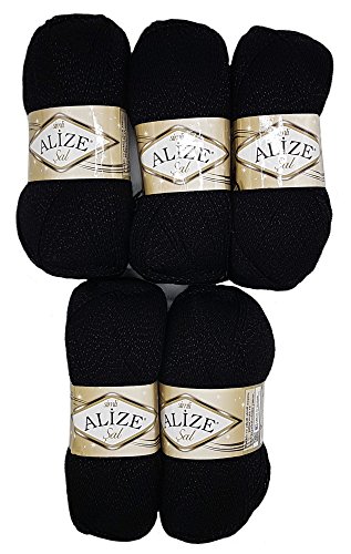 5 x 100 g Alize Glitzerwolle SAL zum Stricken und Häkeln, 500 Gramm Metallic – Wolle (schwarz 60) von ORTCI