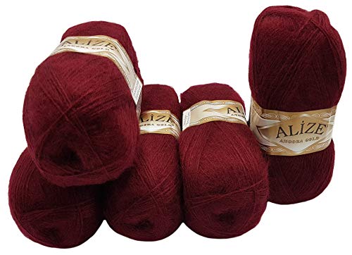 5 x 100 g Alize Strickwolle mit Mohair, bordeaux 57 zum Stricken und Häkeln, 500 Gramm Wolle von Alize