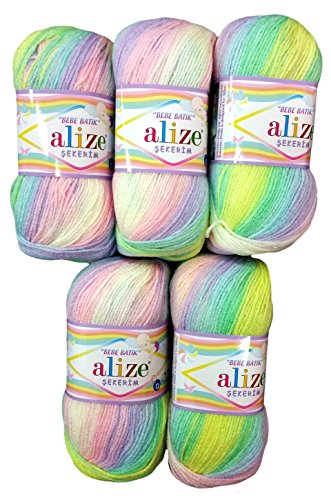 5 x 100g Babywolle Bebe Batik Flieder rosa gelb grün Weiss Nr. 2132, 500 Gramm Wolle zum Stricken und Häkeln von Alize