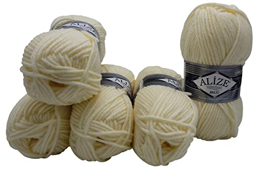 Alize 5 x 100 Gramm Superlana Maxi Wolle, 500 Gramm Strickwolle 75% Acryl 25% Wolle (Creme 01) von Alize