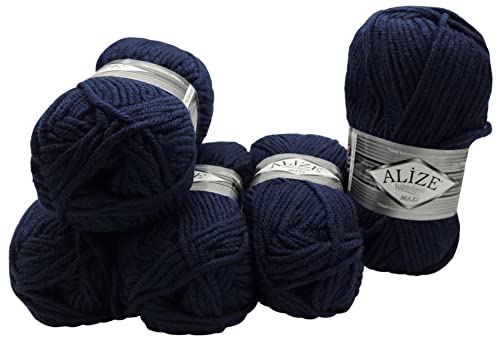 Alize 5 x 100 Gramm Superlana Maxi Wolle, 500 Gramm Strickwolle 75% Acryl 25% Wolle (dunkel blau 58) von Alize