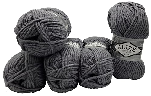 Alize 5 x 100 Gramm Superlana Maxi Wolle, 500 Gramm Strickwolle 75% Acryl 25% Wolle (grau 87) von Alize