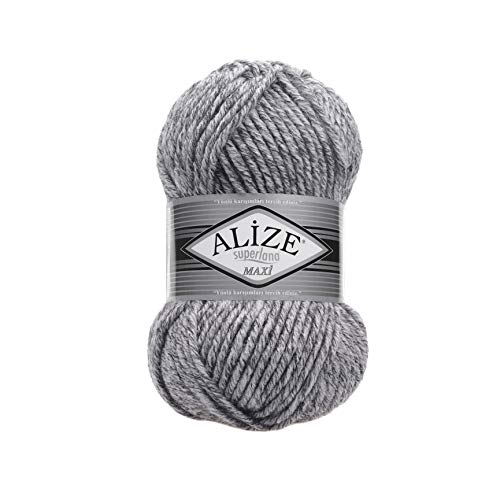 Alize 5 x 100 Gramm Superlana Maxi Wolle, 500 Gramm Strickwolle 75% Acryl 25% Wolle (grau meliert 801) von Alize