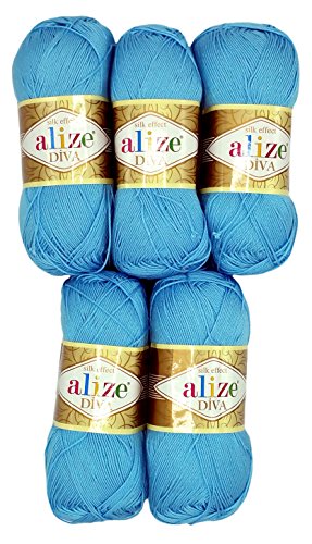 Alize 5 x 100 Gramm Wolle Diva Batik einfarbig, 500 Gramm merzerisierte Strickwolle Microfiber-Acryl (blau 346) von Alize