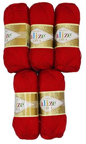 Alize 5 x 100 Gramm Wolle Diva Batik einfarbig, 500 Gramm merzerisierte Strickwolle Microfiber-Acryl (rot 106) von Alize