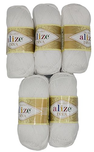 Alize 5 x 100 Gramm Wolle Diva Batik einfarbig, 500 Gramm merzerisierte Strickwolle Microfiber-Acryl (weiß 55) von Alize