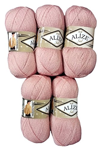 5 x 100 g Alize Glitzerwolle SAL zum Stricken und Häkeln, 500 Gramm Metallic – Wolle (altrosa 161) von Alize