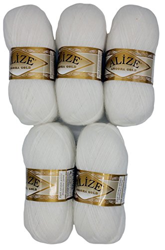 Alize 5 x 100 g Strickwolle mit Mohair, weiß Nr. 55 zum Stricken und Häkeln, 500 Gramm Wolle von Alize