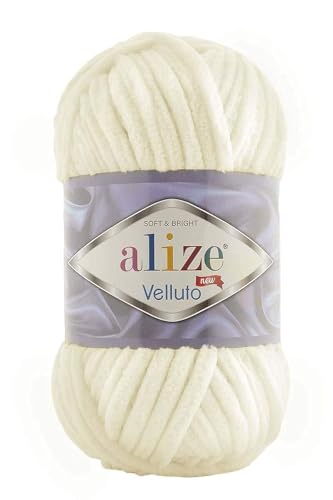 Alize 5 x 100 g Velluto Wolle 500 Gramm super Bulky Chenillegarn,Kuschelweich 100g, Kissen Babydecke etc (Creme 62) von Alize