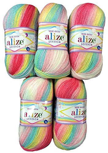 Alize 5 x 100g Babywolle Strickwolle rosa blau gelb Weiss Nr. 3045, 500 Gramm Wolle von Alize