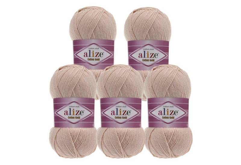 Alize 5 x 100g Strickgarn Alize Cotton Gold Uni Klassikgarn Häkelgarn Häkelwolle, 1650 m, 67 champagner von Alize