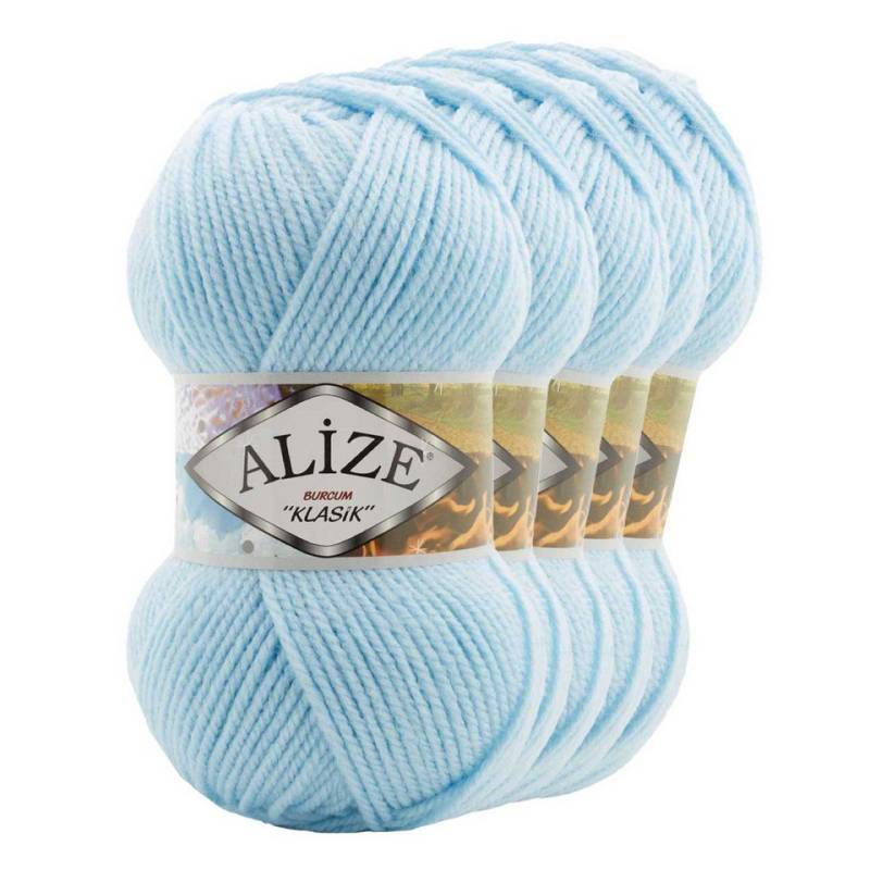 Alize 5 x 100g Strickgarn Strickwolle ALIZE BURCUM uni / einfarbig Häkelwolle, 1050 m (Sparpaket), 183 hellblau von Alize