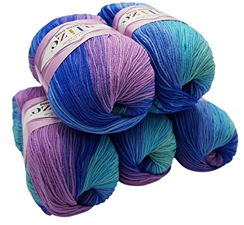 Alize 5 x 100g Strickwolle Cotton Gold mit 55% Baumwolle, 500 Gramm Wolle mit Farbverlauf Mehrfarbig (blau Flieder Mint 4531) von Alize