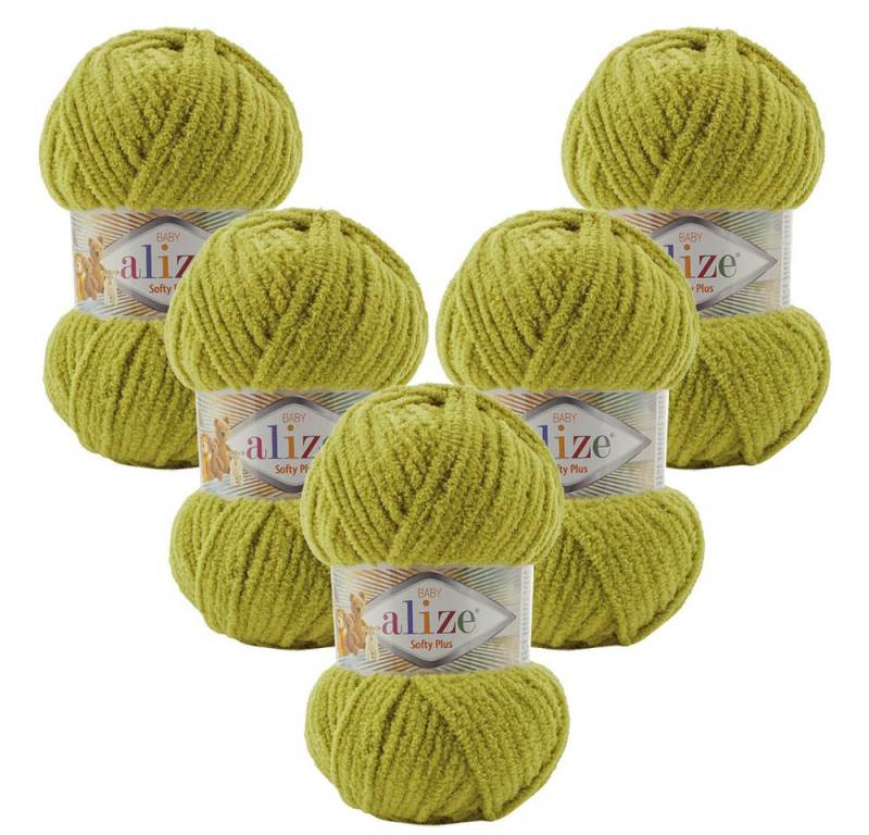 Alize 5 x ALIZE Softy Plus 11 Pistachio green Häkelwolle, 120 m, Chenillegarn,Babywolle,Super Bulky,flauschig von Alize