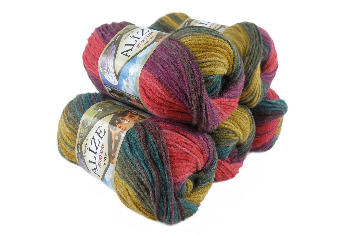 Alize 500g Strickgarn ALIZE BURCUM Batik Wolle Winter Handstrickgarn Effektgarn, 1050 m, 3368 beere-oliv-petrol-gelb-rot von Alize