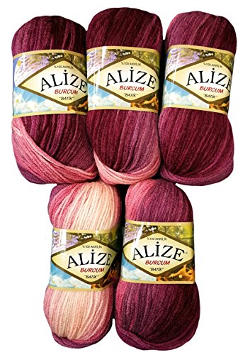 Alize Burcum Batik 5 x 100 Gramm Wolle Mehrfarbig mit Farbverlauf, 500 Gramm Strickwolle (Beere rosa lila 1895) von Alize