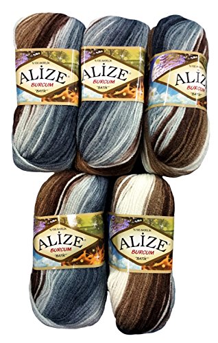 Alize Burcum Batik 5 x 100 Gramm Wolle Mehrfarbig mit Farbverlauf, 500 Gramm Strickwolle (braun beige grau weiß 5742) von Alize