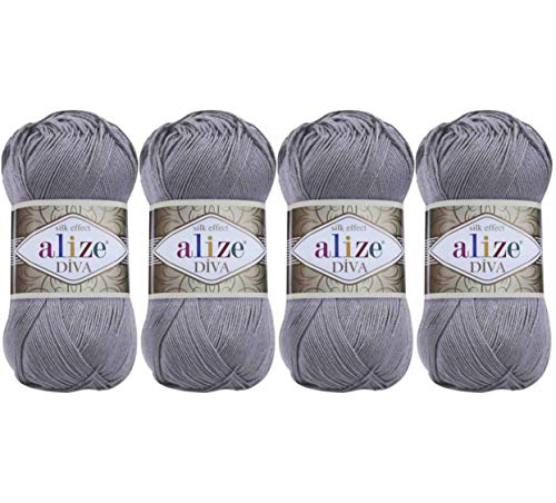 Alize Diva Strickgarn, 100 % Mikrofaser, Acryl, Seideneffekt, 4 Knäuel, 400 g, 1500 m, Farbe (348 Smoky) von alize