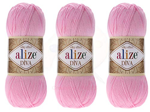 Alize Diva-Garn, Handstrickgarn, 100 % Mikrofaser, Acrylgarn, Alize Diva, Seideneffekt, Häkelkunst, Spitzenhandwerk, Lot von 3 Knäueln, 400 g, 1314 Yds Farbe (291 – Rosa) von Alize