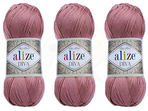 Alize Diva Garn, Handstrickgarn, 100 % Mikrofaser, Acrylgarn, Alize Diva, Seideneffekt, Häkelkunst, Spitzenhandwerk, Lot von 3 Knäueln, 400 g, 1314 Yds Farbe (354 – Rose) von Alize