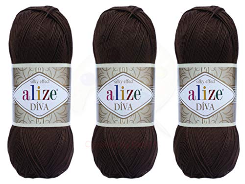 Alize Diva Garn, Handstrickgarn, 100 % Mikrofaser, Acrylgarn, Alize Diva, Seideneffekt, Häkelkunst, Spitzenhandwerk, Lot von 3 Knäueln, 400 g, 1314 m, Farbe (26 – Braun) von Alize