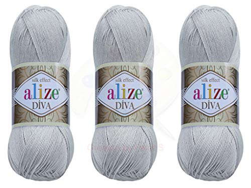 Alize Diva-Garn, Handstrickgarn, 100 % Mikrofaser, Acrylgarn, Alize Diva, Seideneffekt, Häkeln, Kunst, Spitze, Handwerk, Lot von 3 Knäueln, 400 g, 1300 m, Farbe (168 – Hellgrau) von Alize