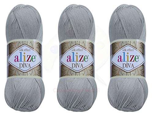 Alize Diva-Garn, Handstrickgarn, 100% Mikrofaser, Acrylgarn, Alize Diva, Seideneffekt, Häkeln, Kunst, Spitze, Handwerk, Lot von 3 Knäueln, 400 g, 1300 m, Farbe (355 – Grau) von Alize