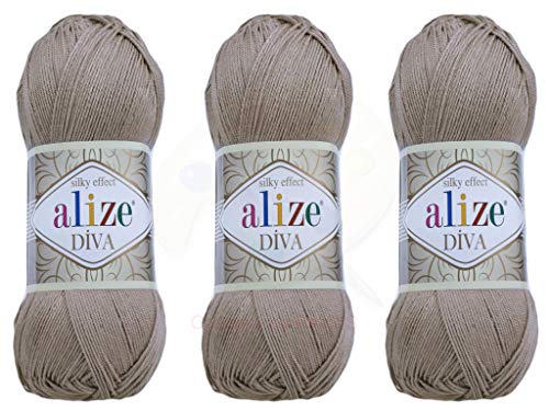 Alize Diva-Garn, Handstrickgarn, 100 % Mikrofaser, Acrylgarn, Alize Diva Seideneffekt, Häkeln, Kunst, Spitze, Handarbeit, 3 Knäuel, 300 g 167 - Beige von Alize