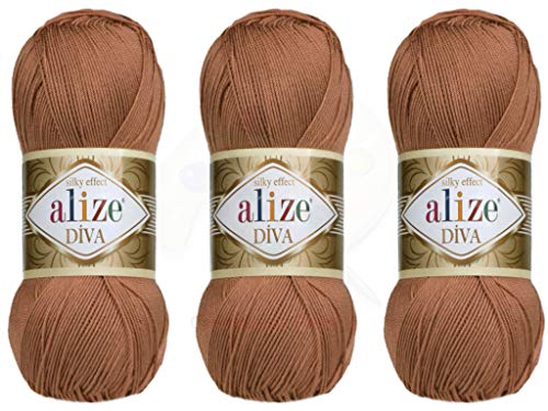 Alize Diva-Garn, Handstrickgarn, 100 % Mikrofaser, Acrylgarn, Alize Diva Seideneffekt, Häkeln, Kunst, Spitze, Handarbeit, 3 Knäuel, 300 g 261 - Rotbraun von Alize