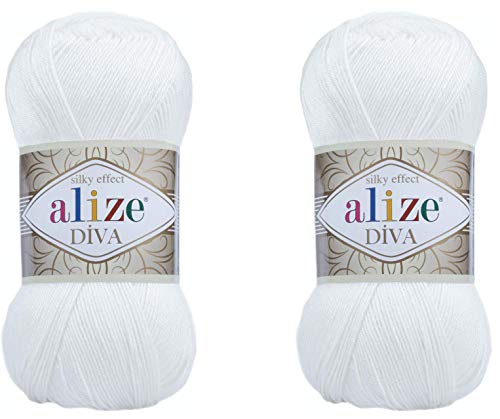 Alize Diva Handstrickgarn, 100 % Mikrofaser-Acryl mit Seideneffekt, Häkelkunst, Spitzenhandwerk, 2 Knäuel, 200 g, 55-Weiß von Alize