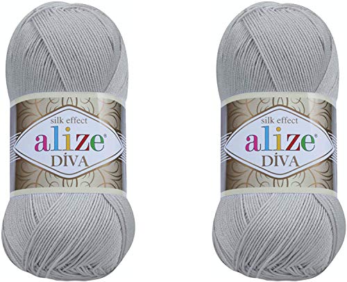Alize Diva Seidiger Effekt, 100 % Mikrofaser-Acrylgarn, Garn, Häkelkunst, Spitze, Basteln, 2 Knäuel, 200 g, 760 m, Handstrickgarn (355) von Alize