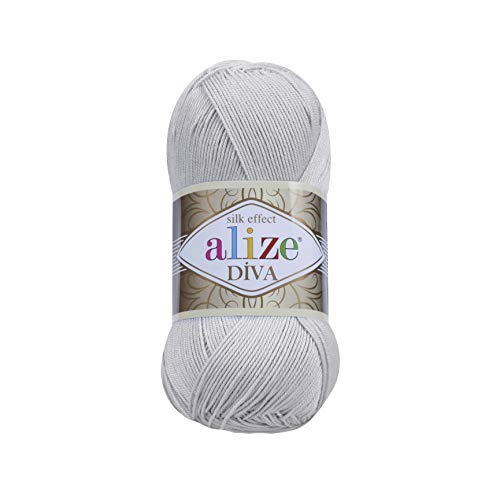 Alize Diva Acrylgarn mit seidiger Wirkung, 100 % Mikrofaser, Häkelarbeit, Kunst, Spitze, Handwerk, 2 Knäuel, je Knäuel 100 g, 350 m – 168 Hellgrau von Alize