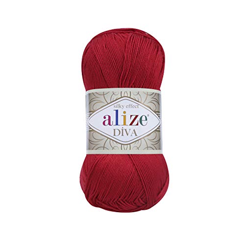 Alize Diva Garn mit seidiger Wirkung, 100 % Mikrofaser, Acryl, Häkelarbeit, Kunst, Spitze, Handwerk, 2 Knäuel, je Knäuel 100 g, 350 m – 106 rot von Alize