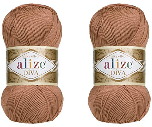 Alize Diva Yarn Handstrickgarn, 100 % Mikrofaser-Acrylgarn, Alize Diva, Seiden-Effekt, Häkelgarn, Kunst, Spitze, Basteln, 2 Knäuel, 200 g, 261 m (rotbraun) von Alize