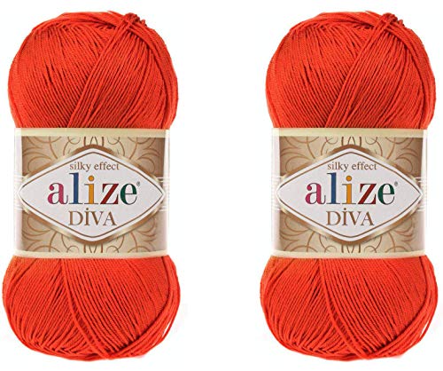 Alize Diva Yarn Handstrickgarn, 100 % Mikrofaser-Acrylgarn, Alize Diva, Seideneffekt, Häkelgarn, Kunst, Spitze, Basteln, 2 Knäuel, 200 g, 200 g, 200 m, Orange von Alize