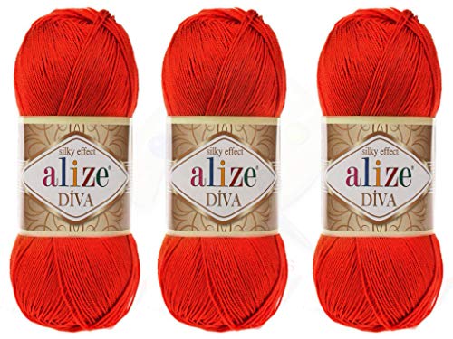 Alize Diva Yarn Handstrickgarn, 100 % Mikrofaser-Acrylgarn, Alize Diva, Seideneffekt, Häkelgarn, Kunst, Spitze, Basteln, 3 Knäuel, 400 g, 1300 m, Farbe (37 – Orange) von Alize