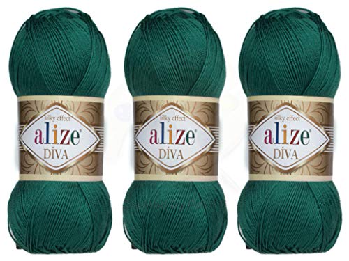 Alize Diva-Garn, Handstrickgarn, 100 % Mikrofaser, Acrylgarn, Alize Diva, Seideneffekt, Häkeln, Kunst, Spitze, Handwerk, Lot von 3 Knäueln, 400 g, 1300 m, Farbe (453 – Nordsee) von Alize