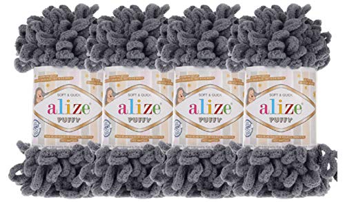 Alize Puffy Baby Big Loop Deckengarn, 100% Micropolyester, weiches Garn, 400 g, 87 cm, Kohlengrau, 4 Stück von Alize