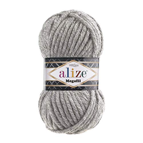 Alize Superlana Megafil Garn 3 Knäuel je Knäuel 100g 55m 75% Acryl 25% Wolle SuperBulky Garn - 21 grau von Alize