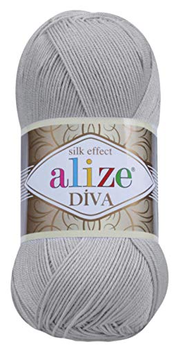 Handstrickgarn, 100 % Mikrofaser, Acrylgarn, Alize Diva, Seideneffekt, Häkelkunst, Spitzenhandwerk, 4 Knäuel, 400 g, 1532 m, Farbe (355 Grau) von Alize