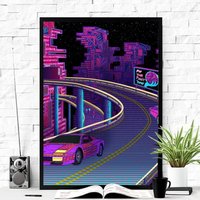 Vaporwave Wall Art, Neon Car Poster, Retrowave Synthwave Cyberpunk Illustration, Outrun Poster von AljonaHandmade