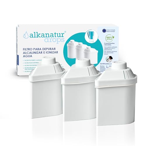 Pack 3 Filter 400L pro Filter für Alkanatur Drops Wasserfilter kanne – Entfernt Chlor und Kalk – Reduziert Schwermetalle und Mikroplastik – Alkalisiert Wasser pH 9 – Mit Magnesiumanreicherung von Alkanatur