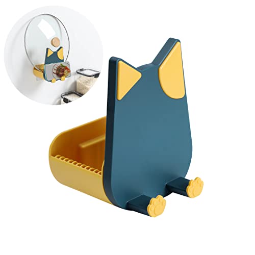 Alkumait Topfdeckelhalter Wand mit lustigen Katzenohren - Premium Deckelhalter inklusive praktischer Handyhalterung (dunkelblau + gelb) von Alkumait